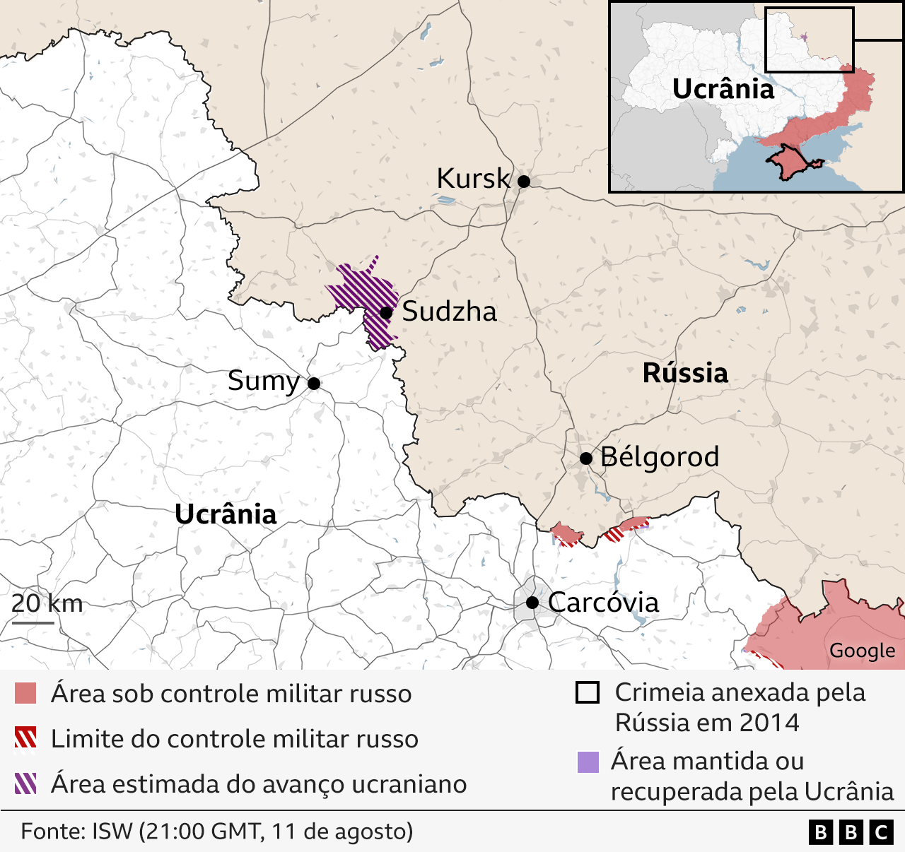 Mapa da Ucrânia com destaque para a região de fronteira onde houve a incursão em território russo