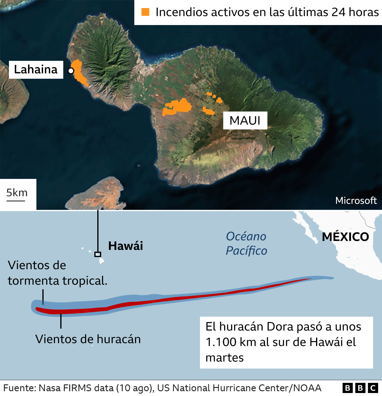 Mapa de incendios activos el 10 de agosto de 2023 en Hawái