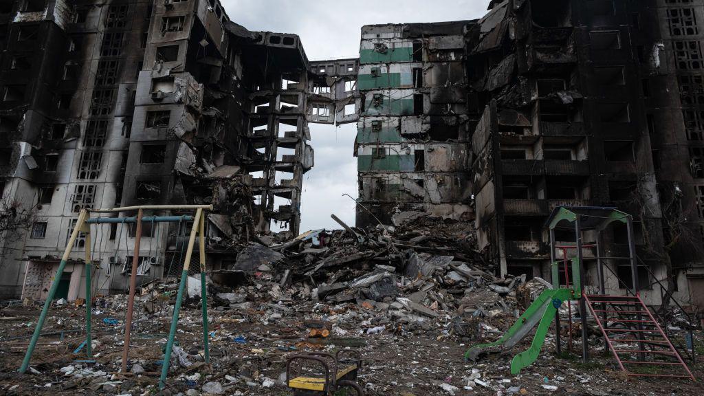 A playground is seen next to a destroyed apartment building on April 9, 2022 in Borodianka, Ukraine.