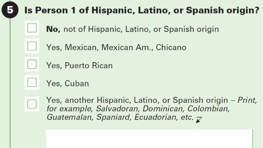 Exemplo de trecho do formulário de pesquisa americano com a pergunta sobre origem hispânica ou latina