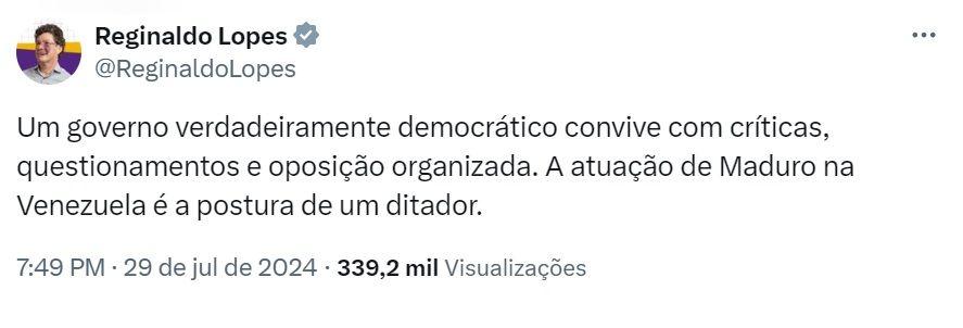 Captura de tela de tuíte do deputado federal Reginaldo Lopes, do PT de Minas, em que se lê: 