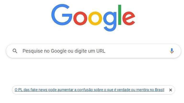 Captura de tela da página principal do buscador Google com link para conteúdo contrário ao PL das fake news, em maio de 2023