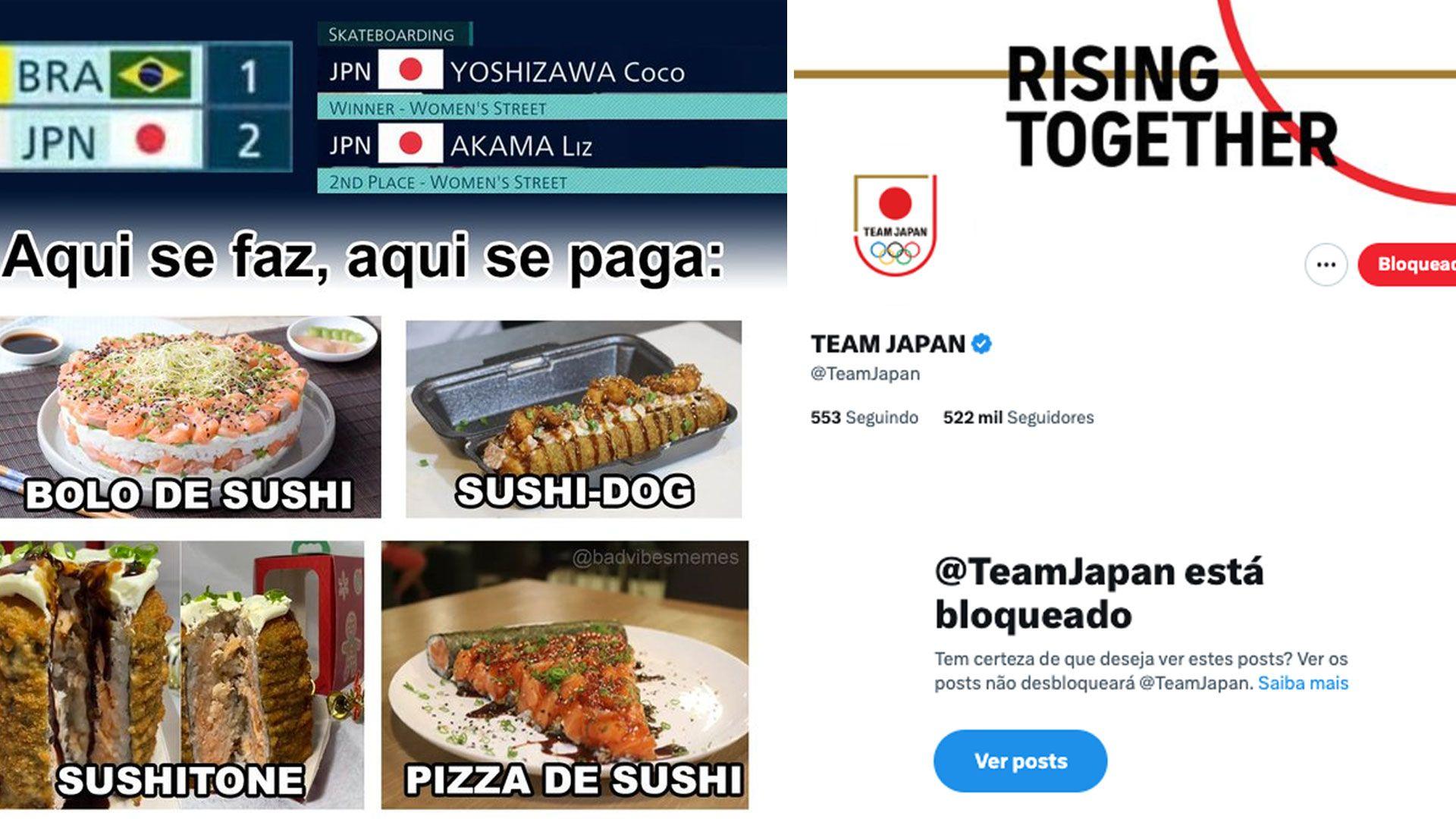 Meme com pratos de sushi no Brasil e uma imagem do bloqueio da página do Team Japan no Twitter pelo Time Brasil