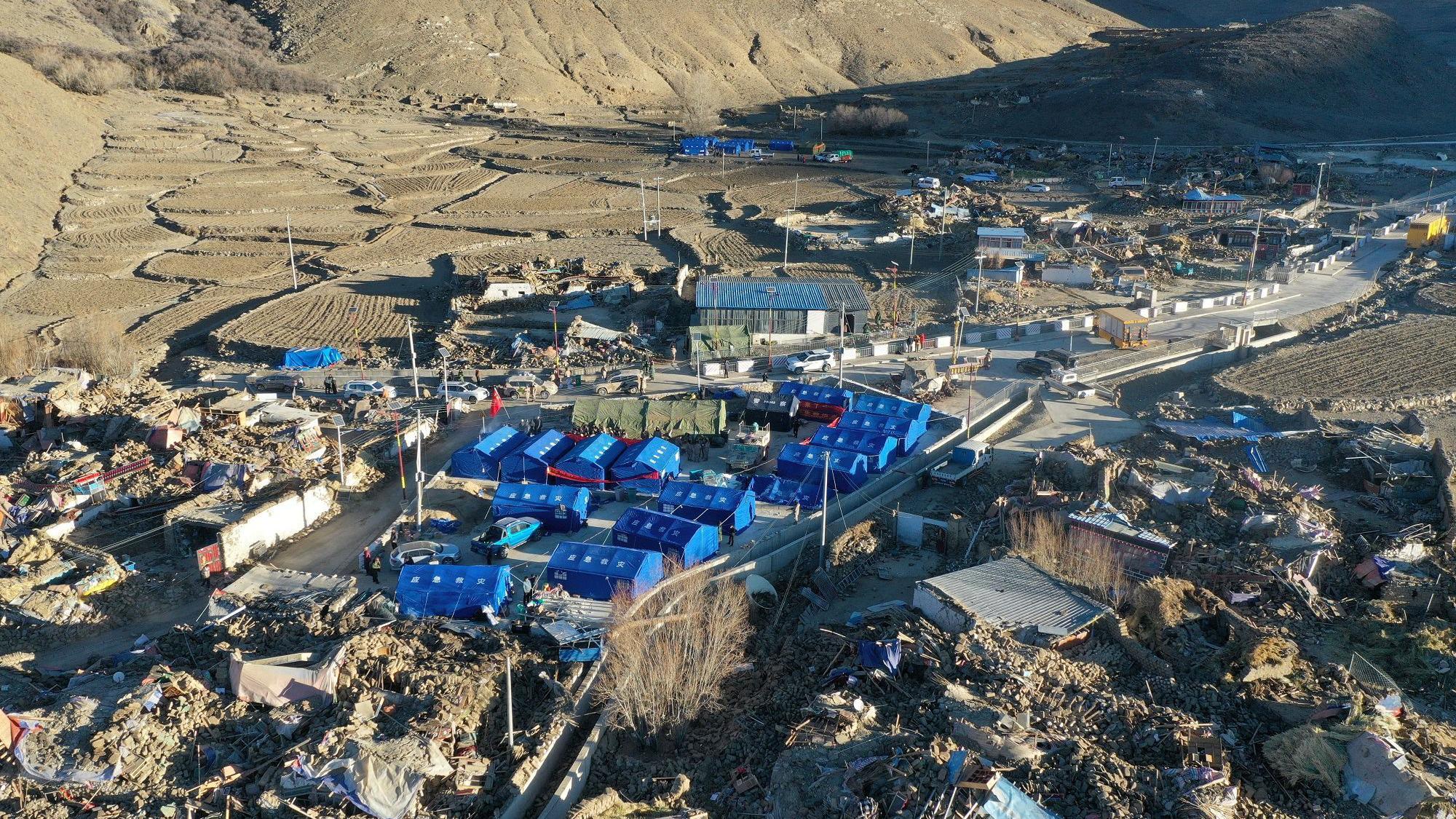 A drone view shows makeshift tents for quake-affected residents following the earthquake that struck Tingri county, in Shigatse, Tibet Autonomous Region, China January 8, 2025.