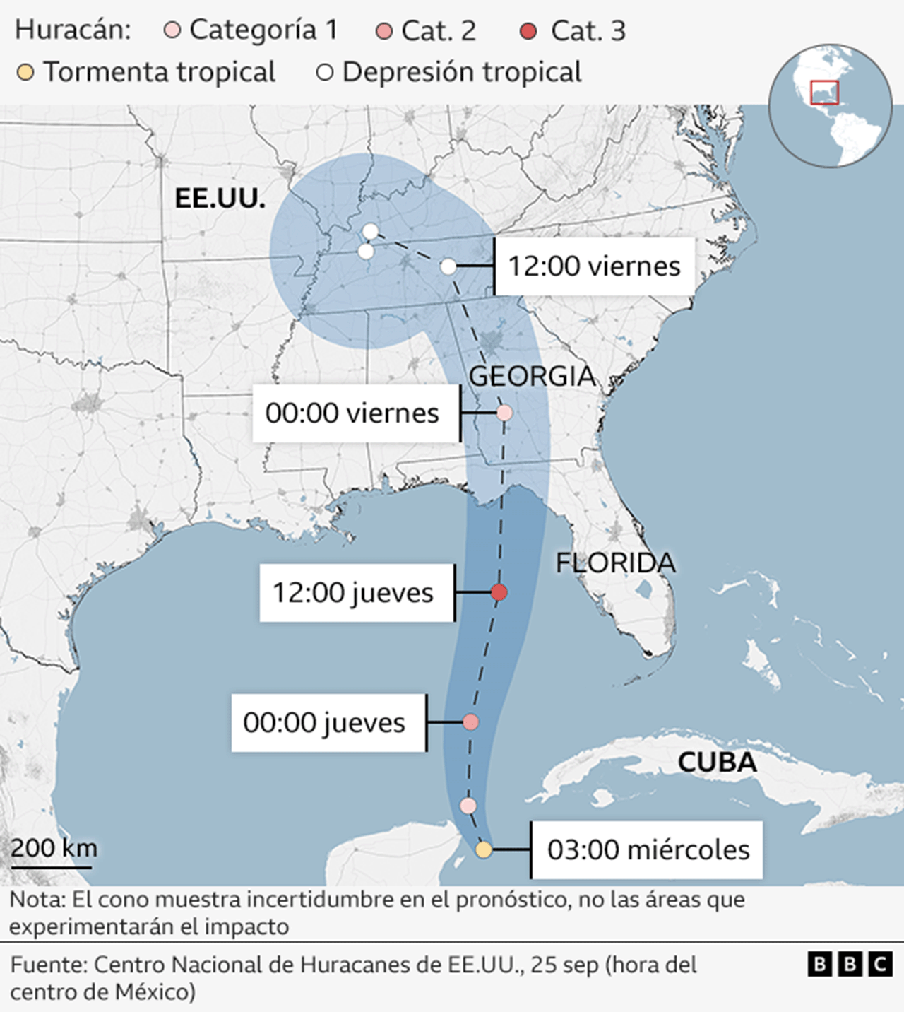 Mapa de la trayectoria del huracán Helene por el Golfo de México hasta llegar a Estados Unidos.