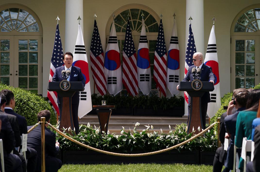 US President Joe Biden and South Korea's President Yoon Suk-yeol at a joint presser in the White House