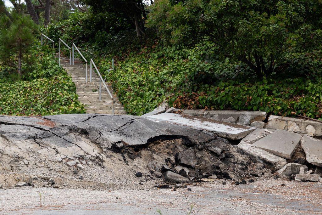 Part of the roadway affected by the landslide in one of the communities of Rancho Palos Verdes, Los Angeles, California, United States, on August 31, 2024.