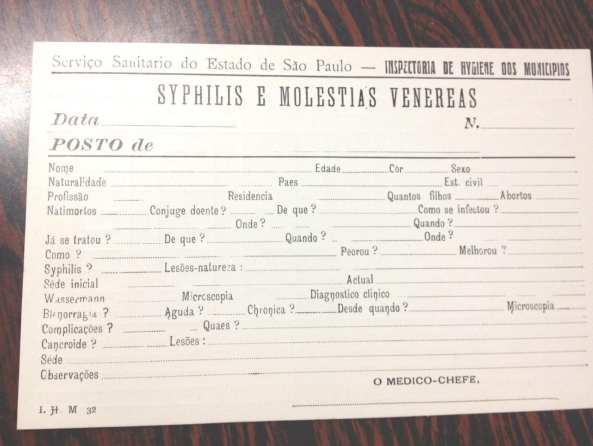 Ficha de controle sobre pacientes para tratamento de sífilis e outras doenças venéreas