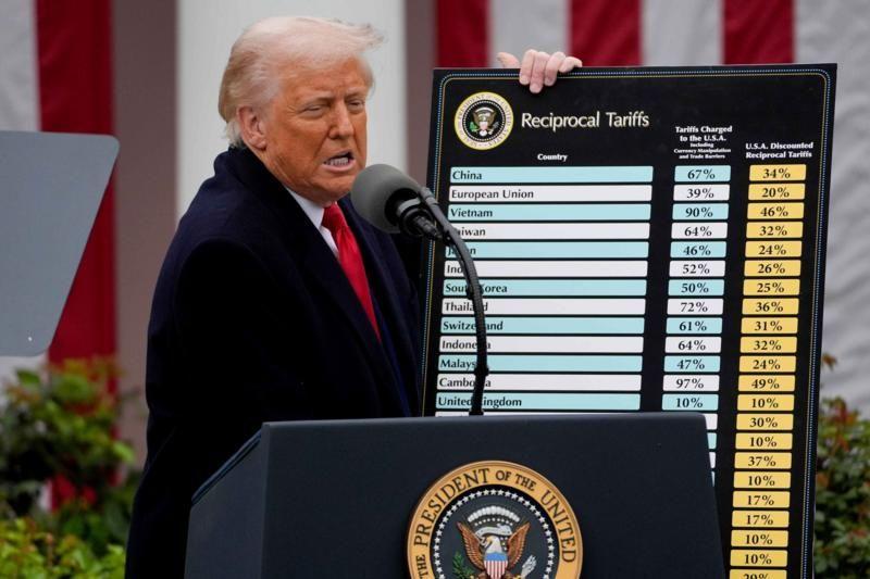 Trump segurando cartaz com tarifas para diferentes países ao discursar