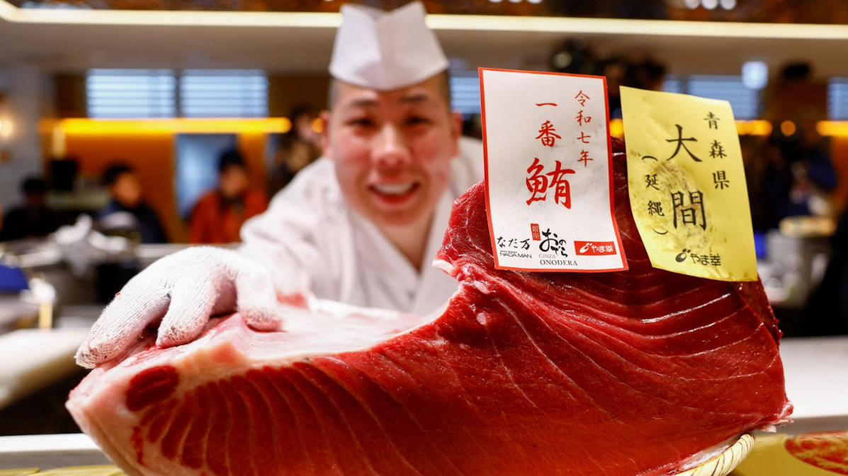 A sushi chef shows off a fillet from a 276-kilogram bluefin tuna