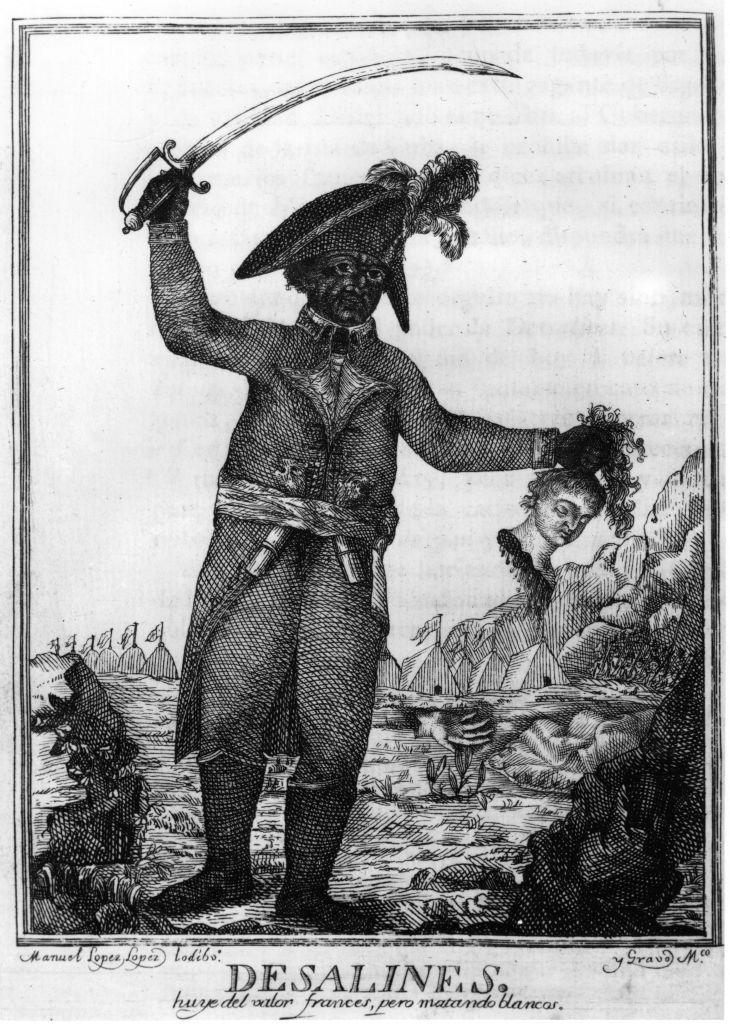 Grabado antiguo en el que se ve a Dessalines con la cabeza de un decapitado.
