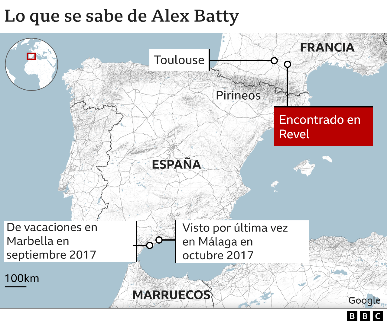 Mapa que muestra los diferentes paraderos de Alex Batty