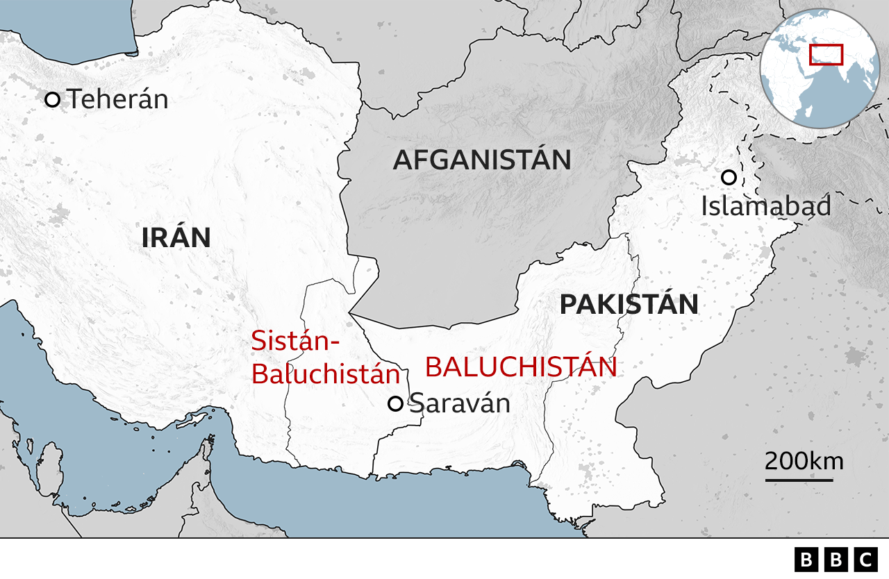 Mapa de Baluchistán entre Pakistán, Irán y Afganistán