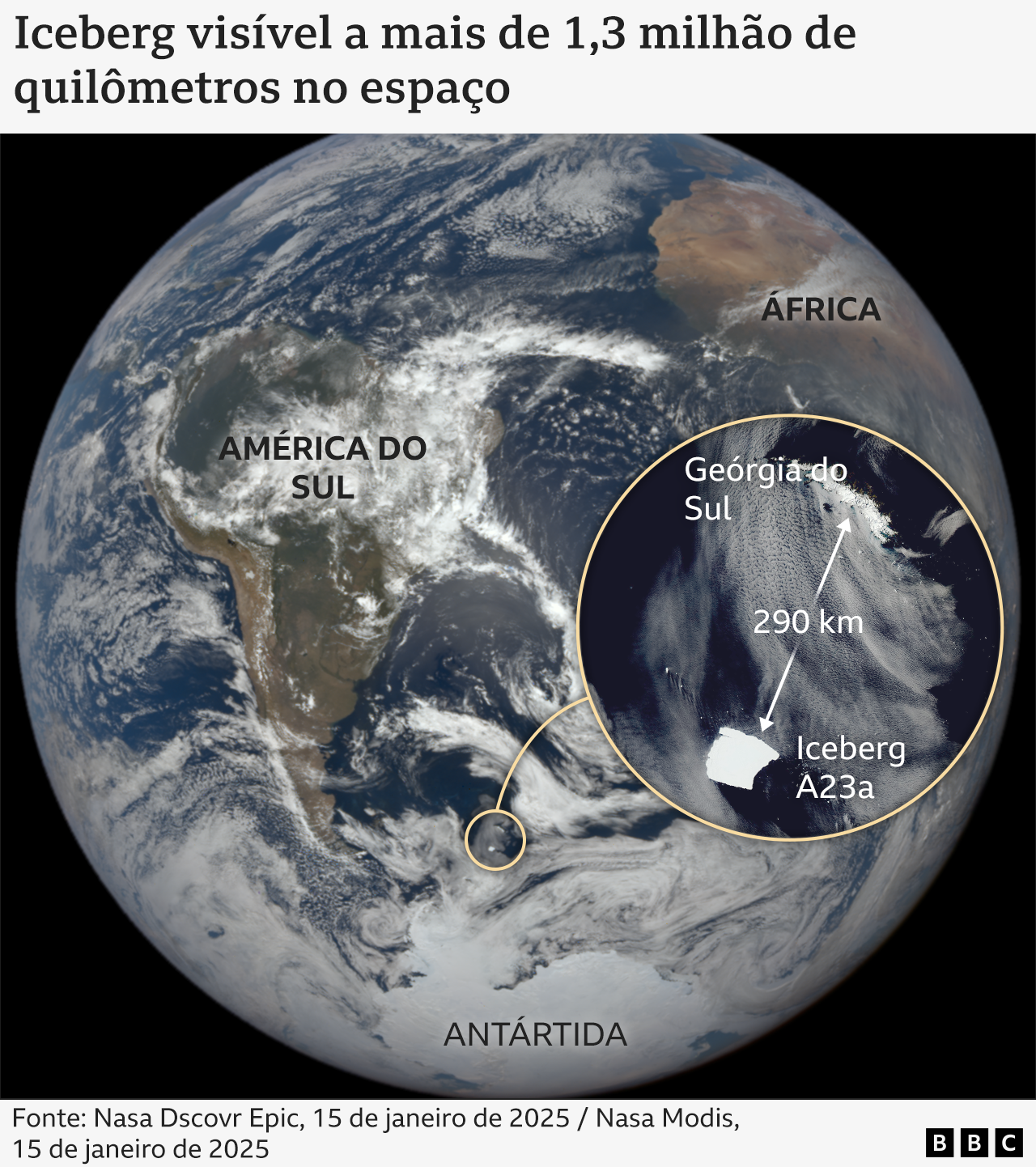 Uma imagem de satélite do planeta mostrando o iceberg