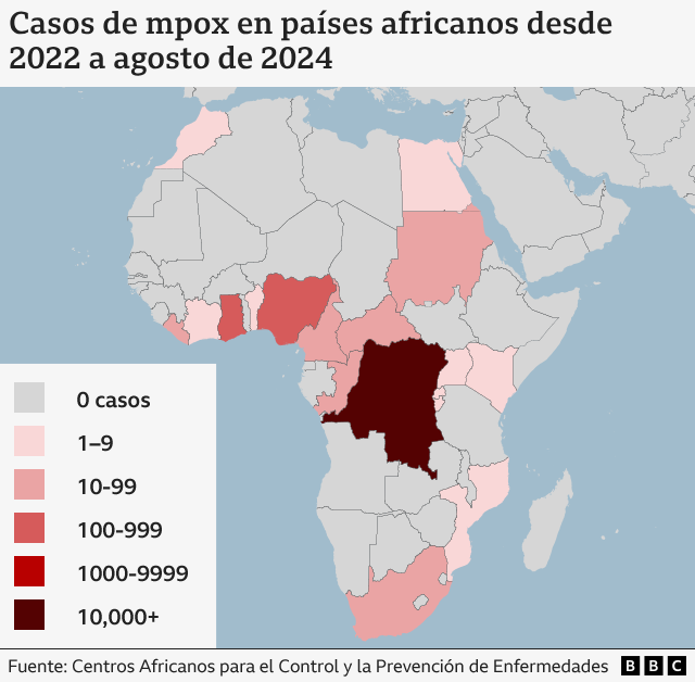 Mapa de África con los casos de mpox por país desde 2022 a agosto de 2024