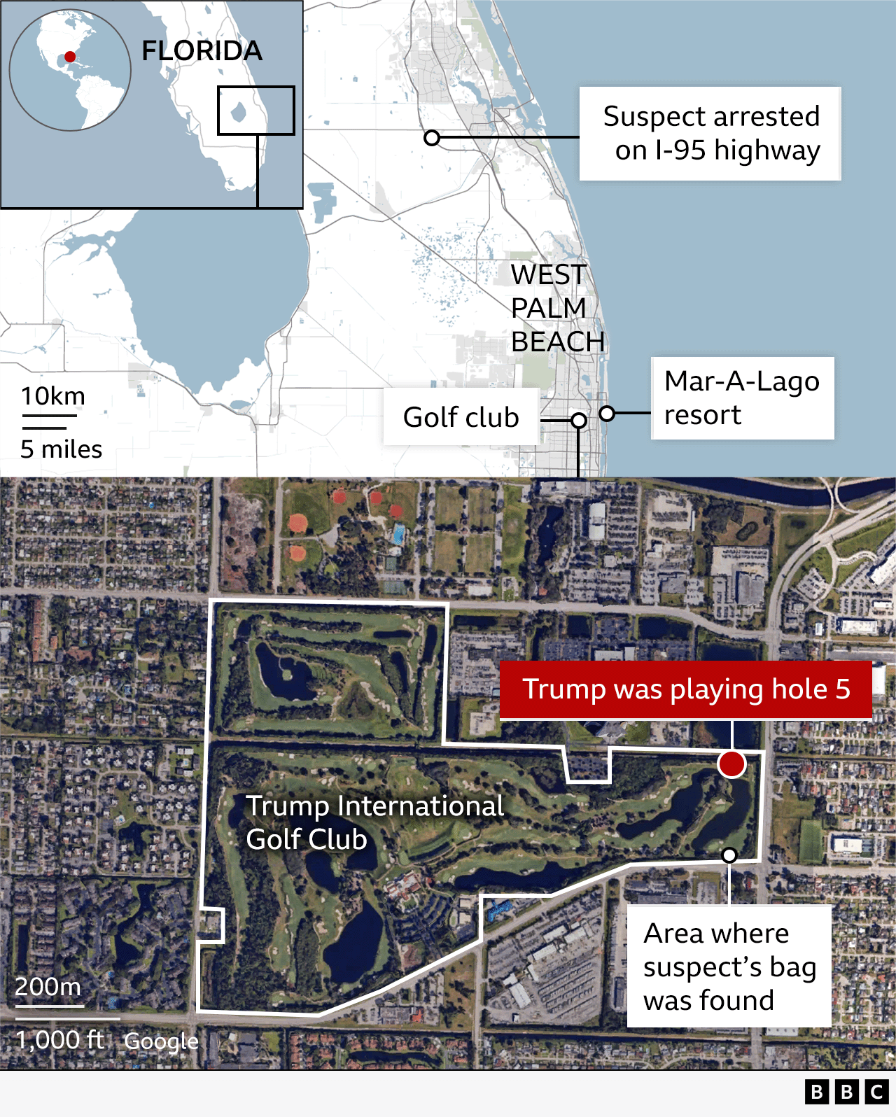 Grafis BBC menunjukkan lokasi Trump International Golf Club di Florida dan area tempat Trump bermain dan tempat tas tersangka ditemukan; dan di area West Palm Beach yang lebih luas, resor Mar-a-Lago milik Trump dan tempat penangkapan di jalan raya I-95.