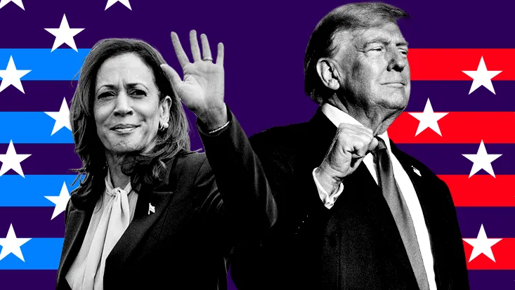 Montaje con fotografía de Kamala Harris y Donald Trump. Kamala Harris está a la izquierda, con un traje y una blusa blanca, y agita la mano. Donald Trump está a la derecha, con un traje, una camisa blanca y una corbata, y hace un gesto con el puño.