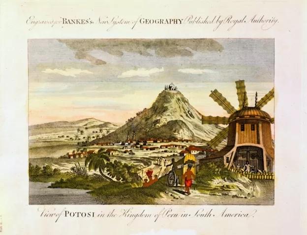 Ilustração mostra moinho e montanha em território americano