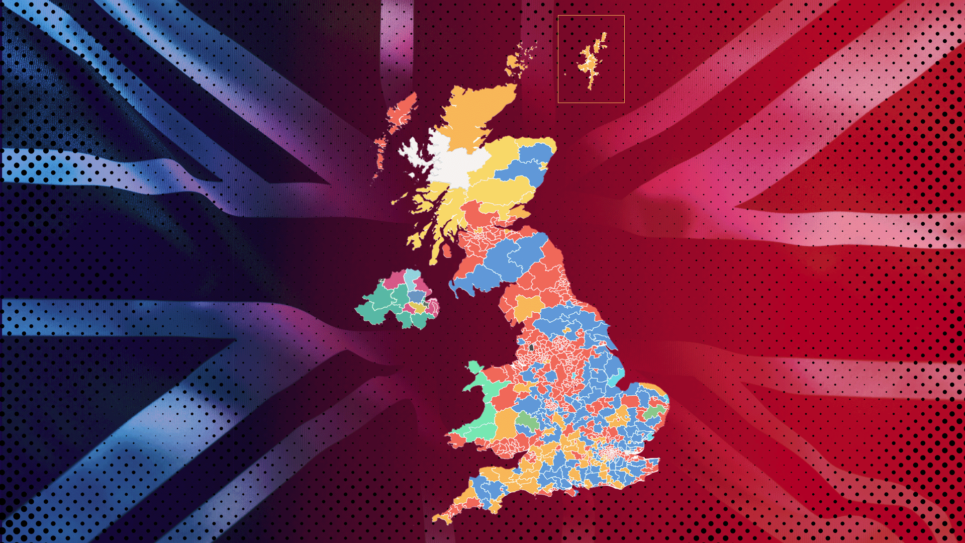 Composición del mapa de Reino Unido con los resultados electorales y la bandera de Reino Unido de fondo. 