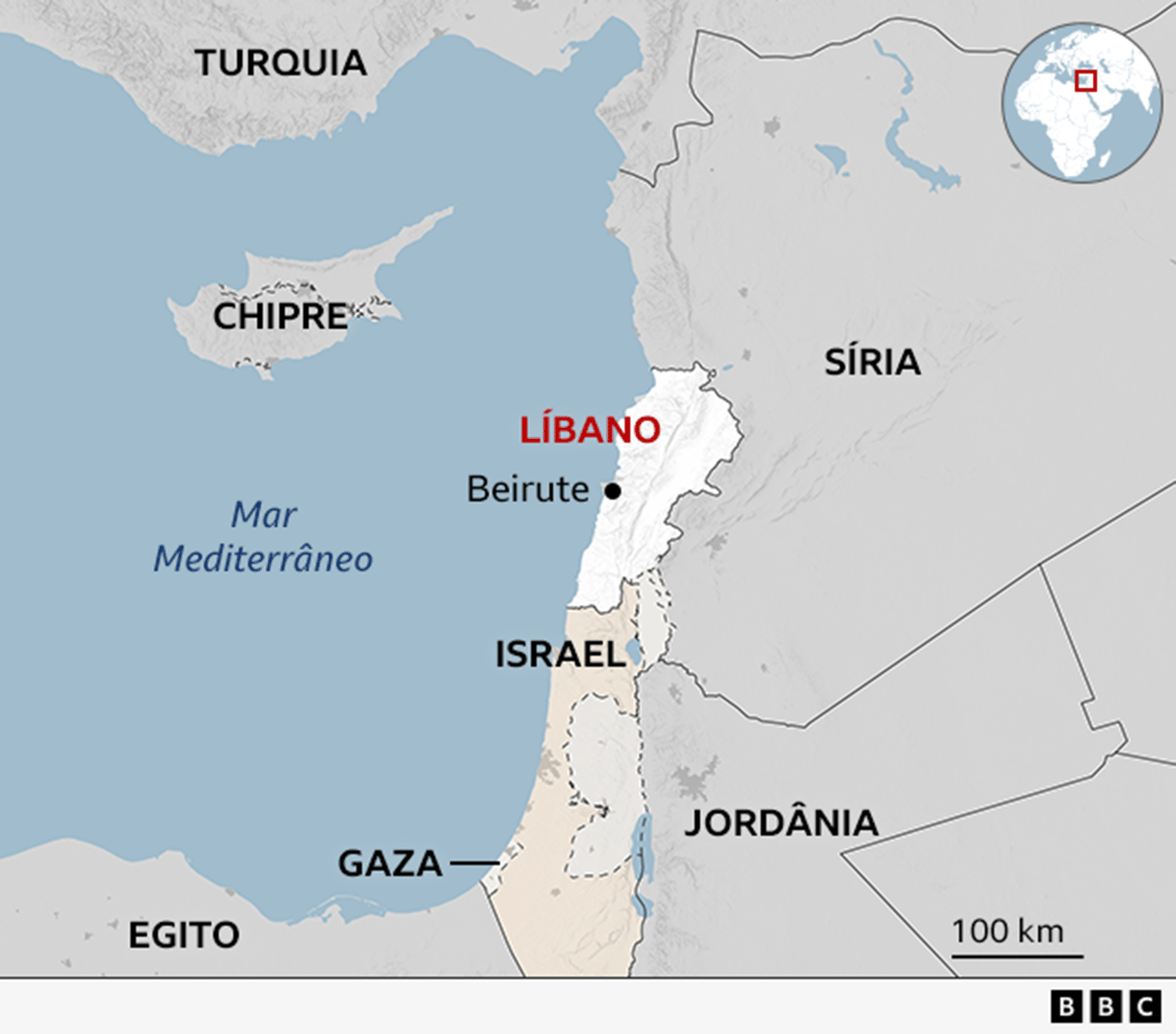 Mapa mostrando a localização de Gaza, Israel e Líbano