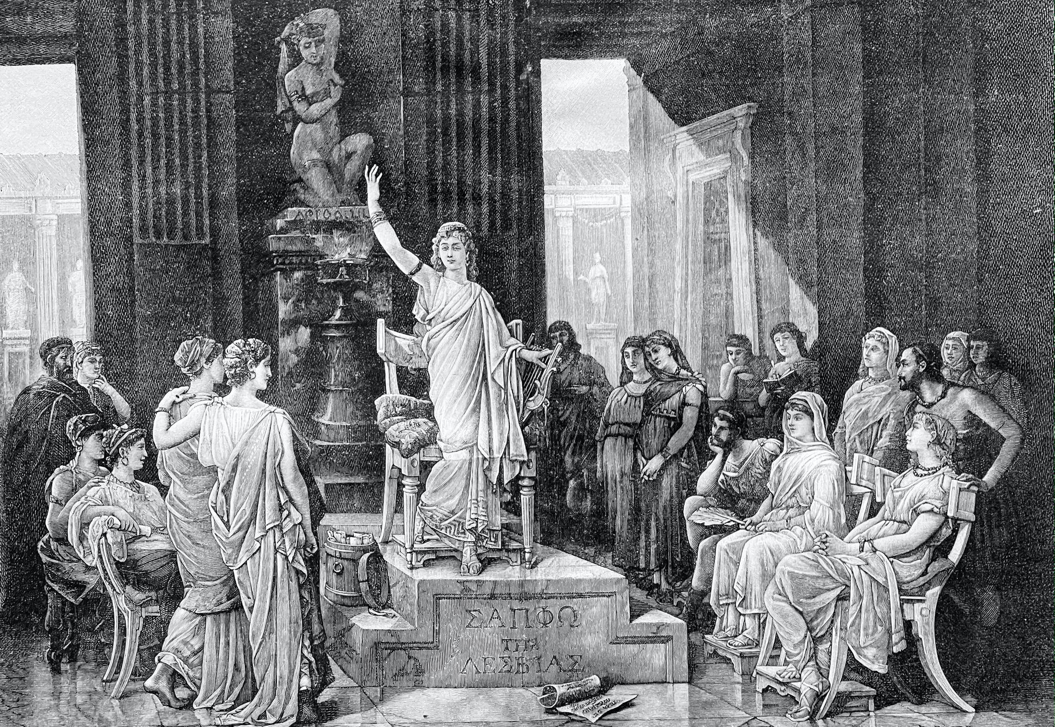 Una ilustración de Safo declamando frente a una corte