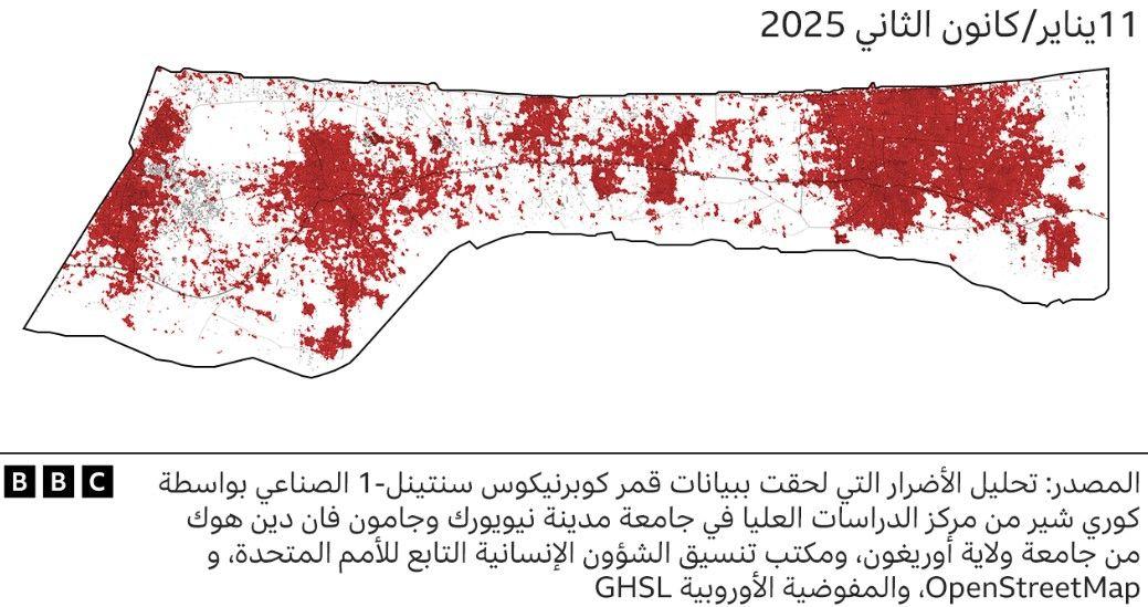 تركزت غالبية الغارات الإسرائيلية في المناطق الحضرية، كما تعرضت بعض البنية الأساسية للقصف عدة مرات، كما تظهر خريطة القطاع الملونة بالأبيض والمنقطة بالأحمر.