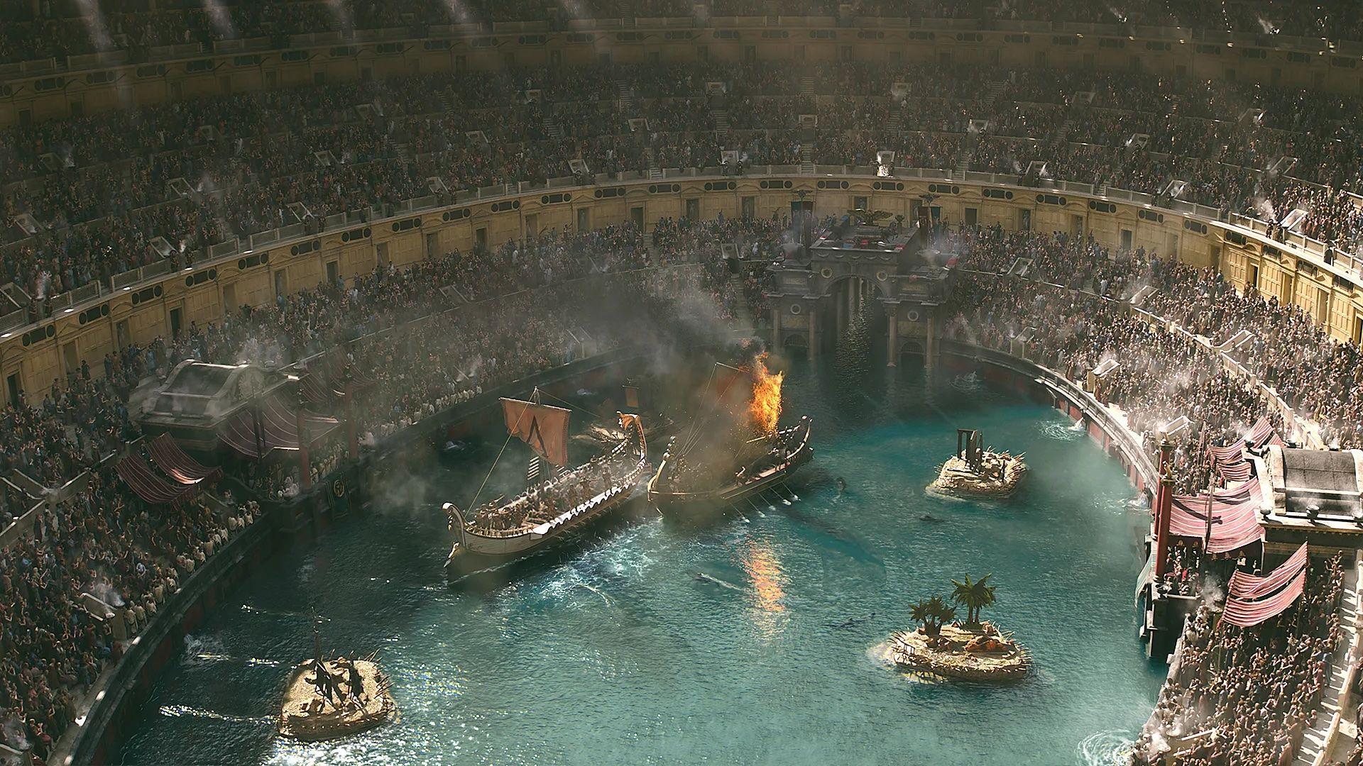 Fotograma de la película "Gladiador II" en el que se ve barcos y agua en el Coliseo