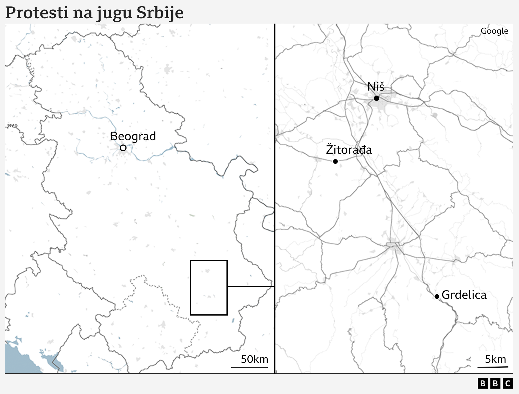 Žitorađa i Grdelica na mapi 