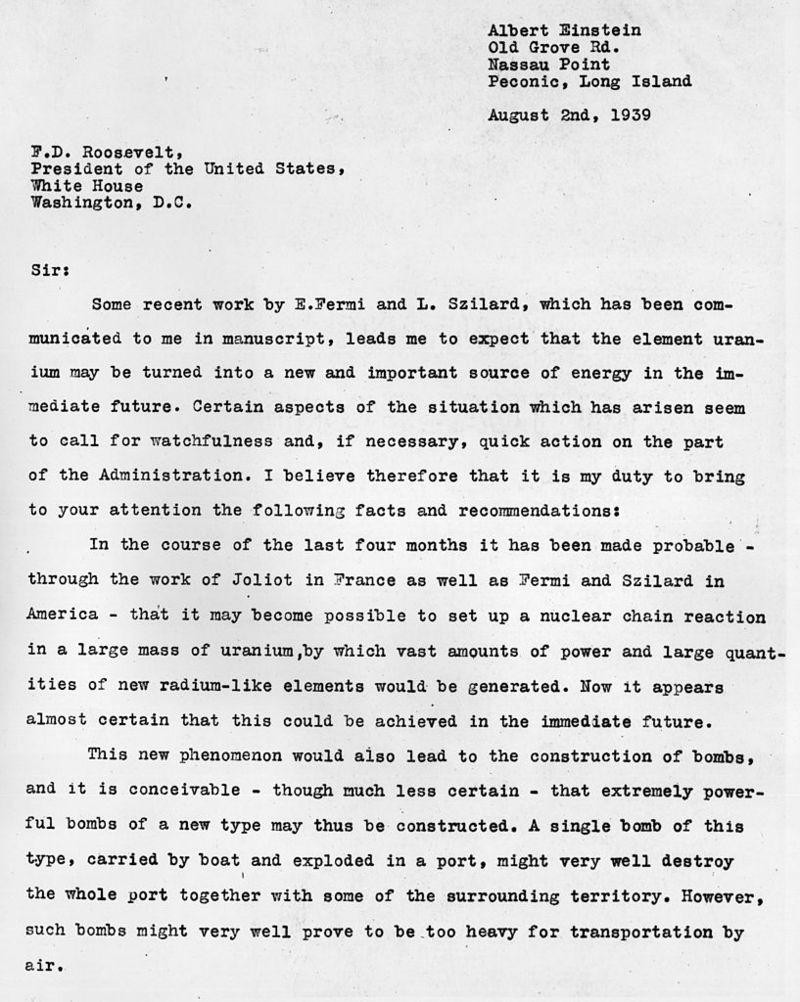 Szilard'ın Ağustos 1939'da ABD Başkanı Roosevelt'e yazdığı, Einstein tarafından imzalanan mektup