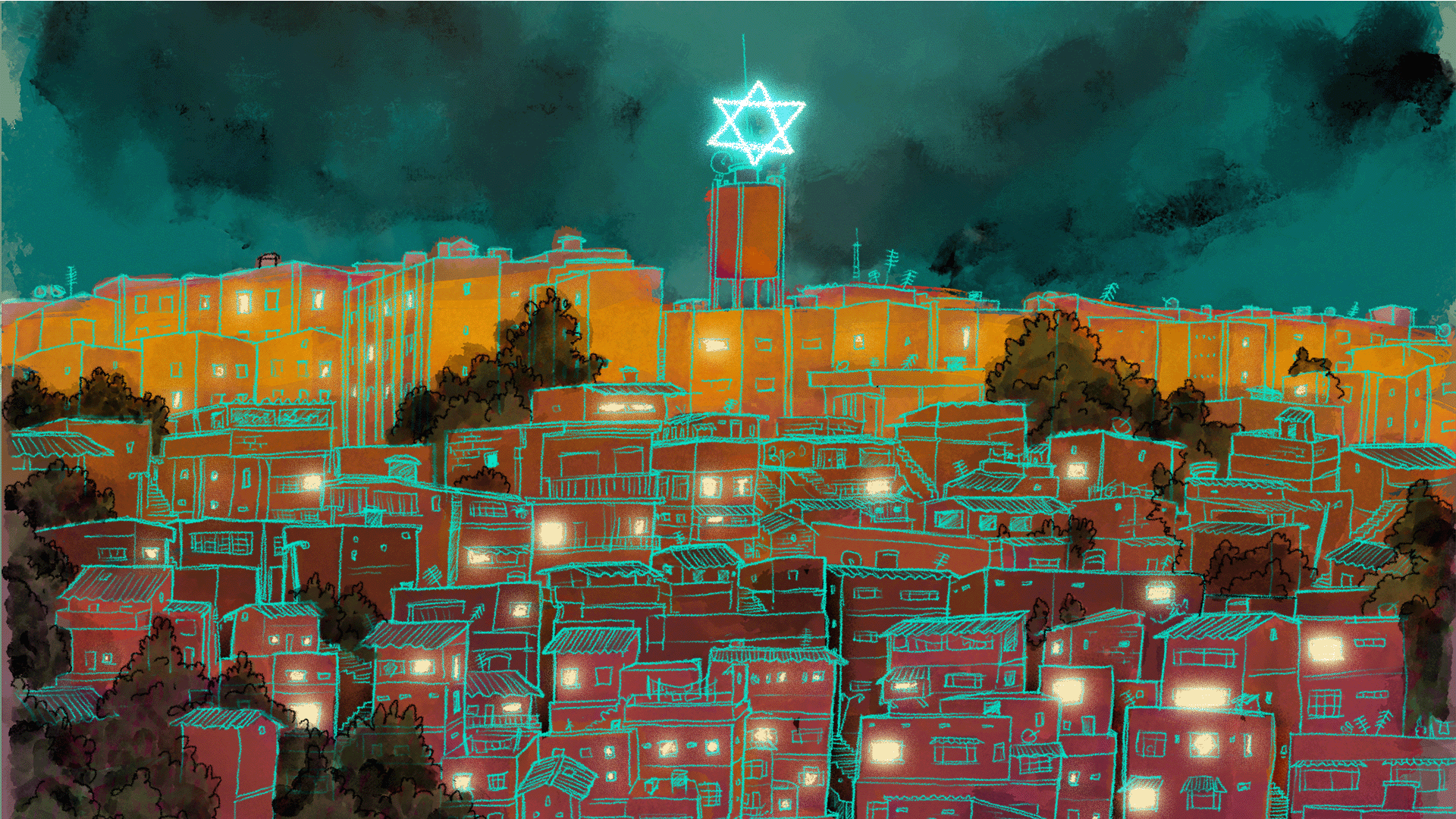 An illustration depicting a group of favelas known as the Israel Complex in Rio.