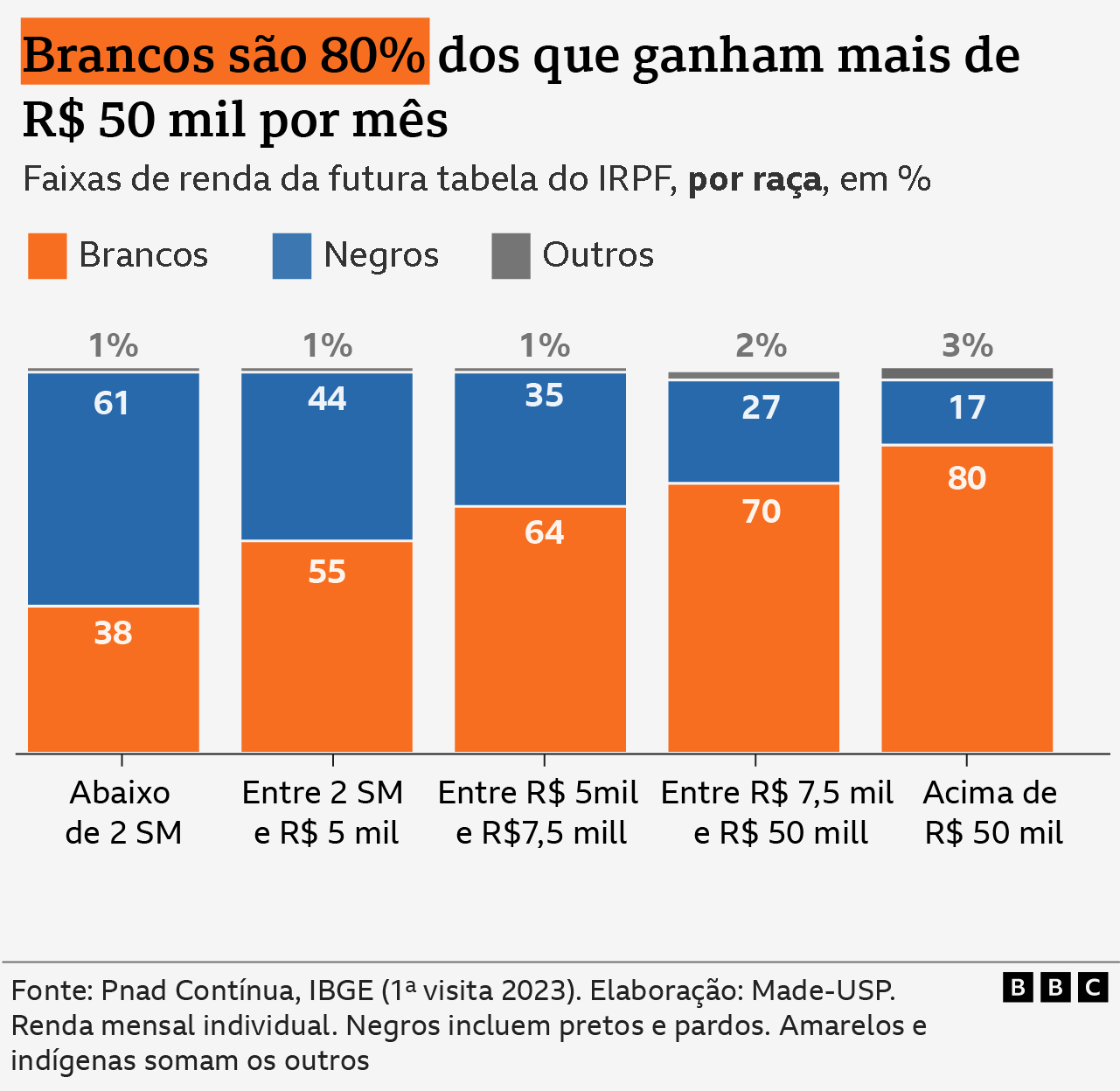 Gráfico mostra distribuição por raça dos grupos de renda na tabela futura do Imposto de Renda