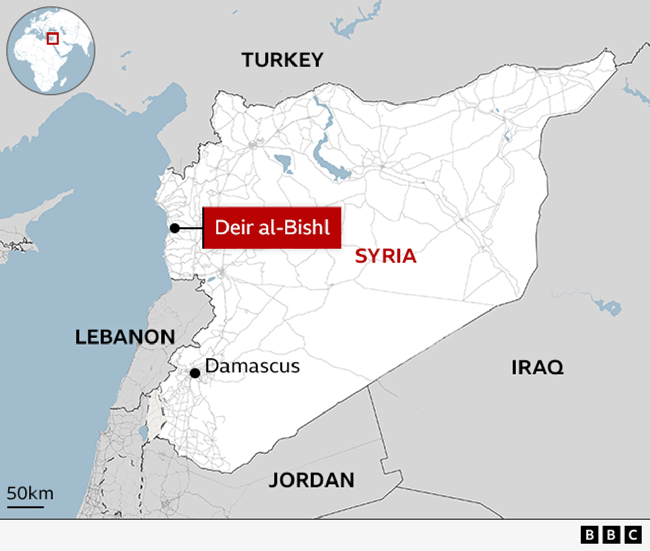 Peta yang menggambarkan lokasi Deir al-Bishl di Suriah, kota Damaskus, serta negara-negara yang berbatasan dengan Suriah, yaitu Lebanon, Yordania, dan Irak.