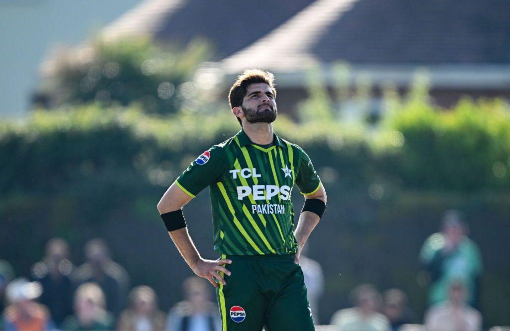 Shaheen Shah Afridi of Pakistan reacts during match one of the Floki Men's T20 International Series between Ireland and Pakistan at Castle Avenue Cricket Ground in Dublin