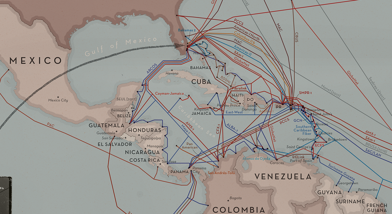 Una ilustración de los cables submarinos de internet en parte de América Latina y el Caribe