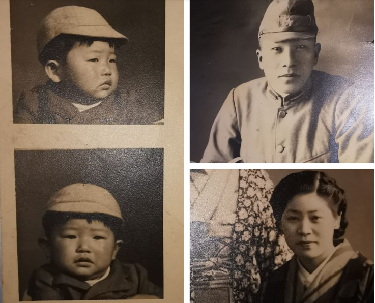 Montagem mostra Sato aos 2 anos de idade ao lado de seu pai e sua mãe.