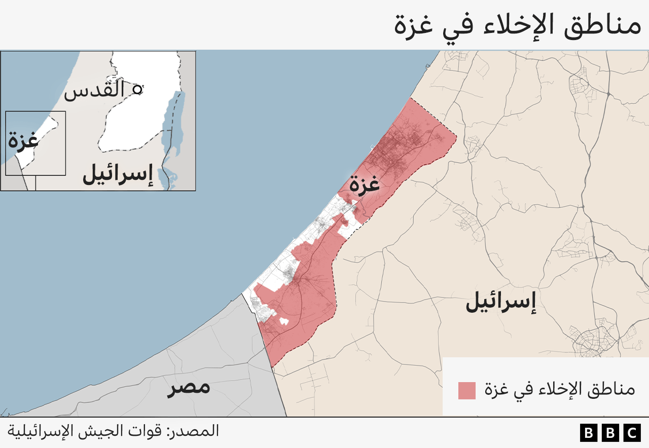 خريطة تظهر مناطق الإخلاء في غزة