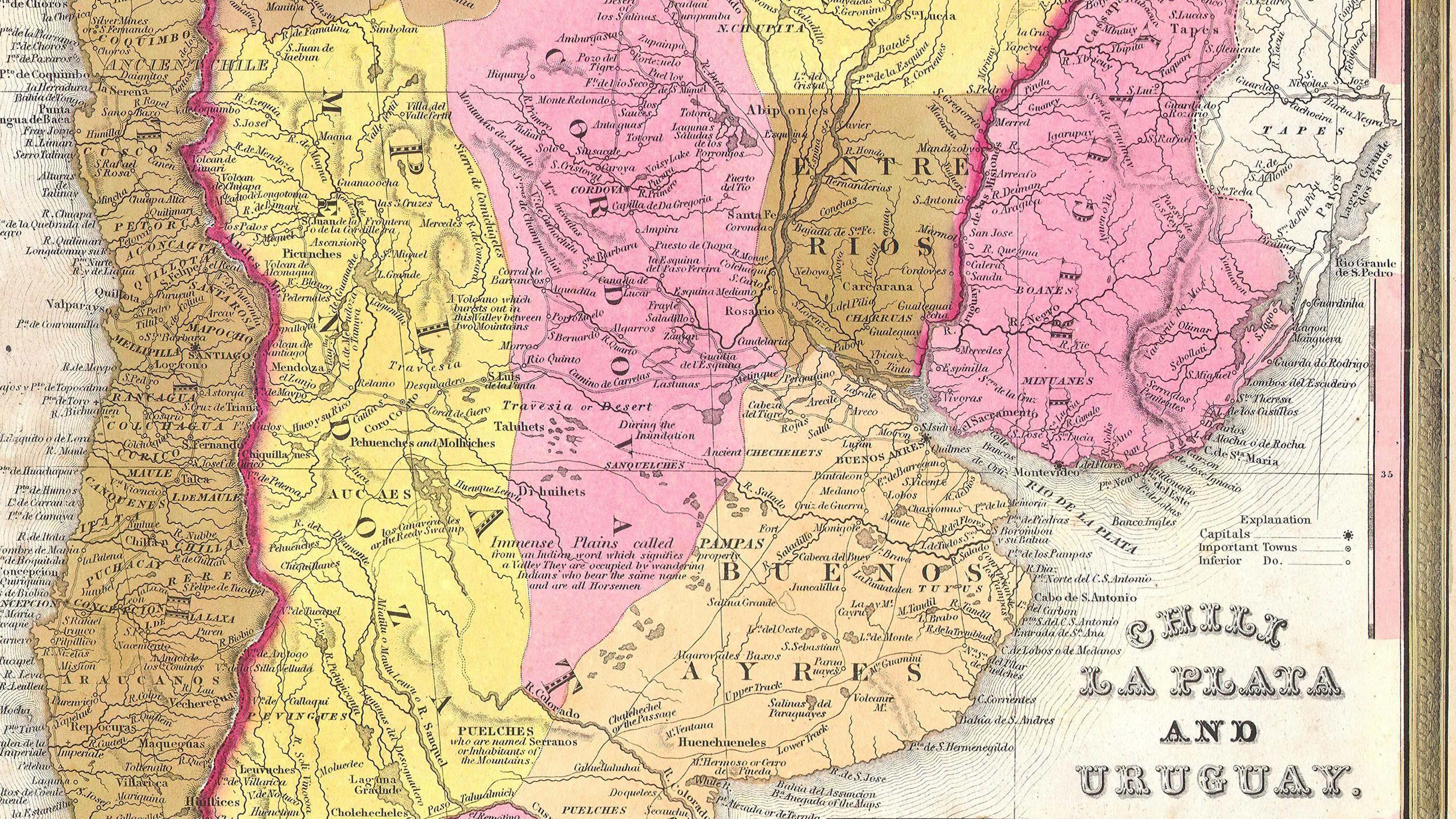 Old map of the territories that today belong to Chile, Argentina and Uruguay