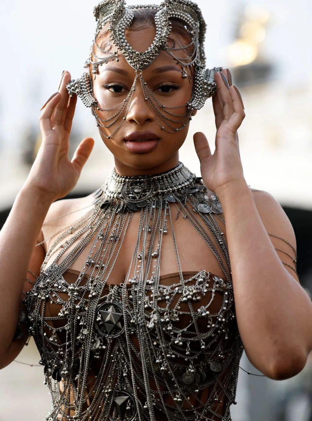 Megan Thee Stallion described her look as "primitive space Cleopatra"