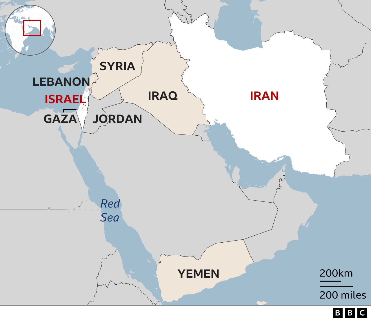 중동 지도에 표시된 이스라엘, 이란, 이라크, 시리아, 가자, 레바논, 예멘