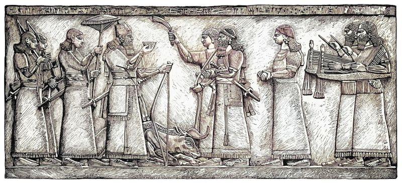 Ilustração de um rei assírio de 883 a 859 aC. carregando uma oferenda aos deuses