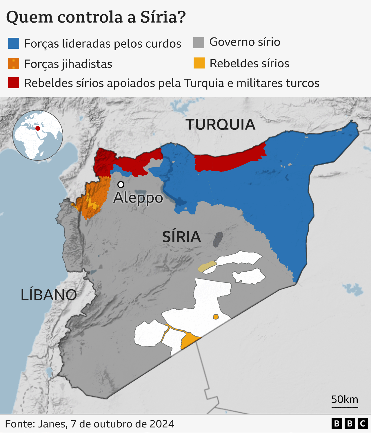 Mapa mostrando quem controla que parte da Síria. A maior área é controlada pelo governo sírio