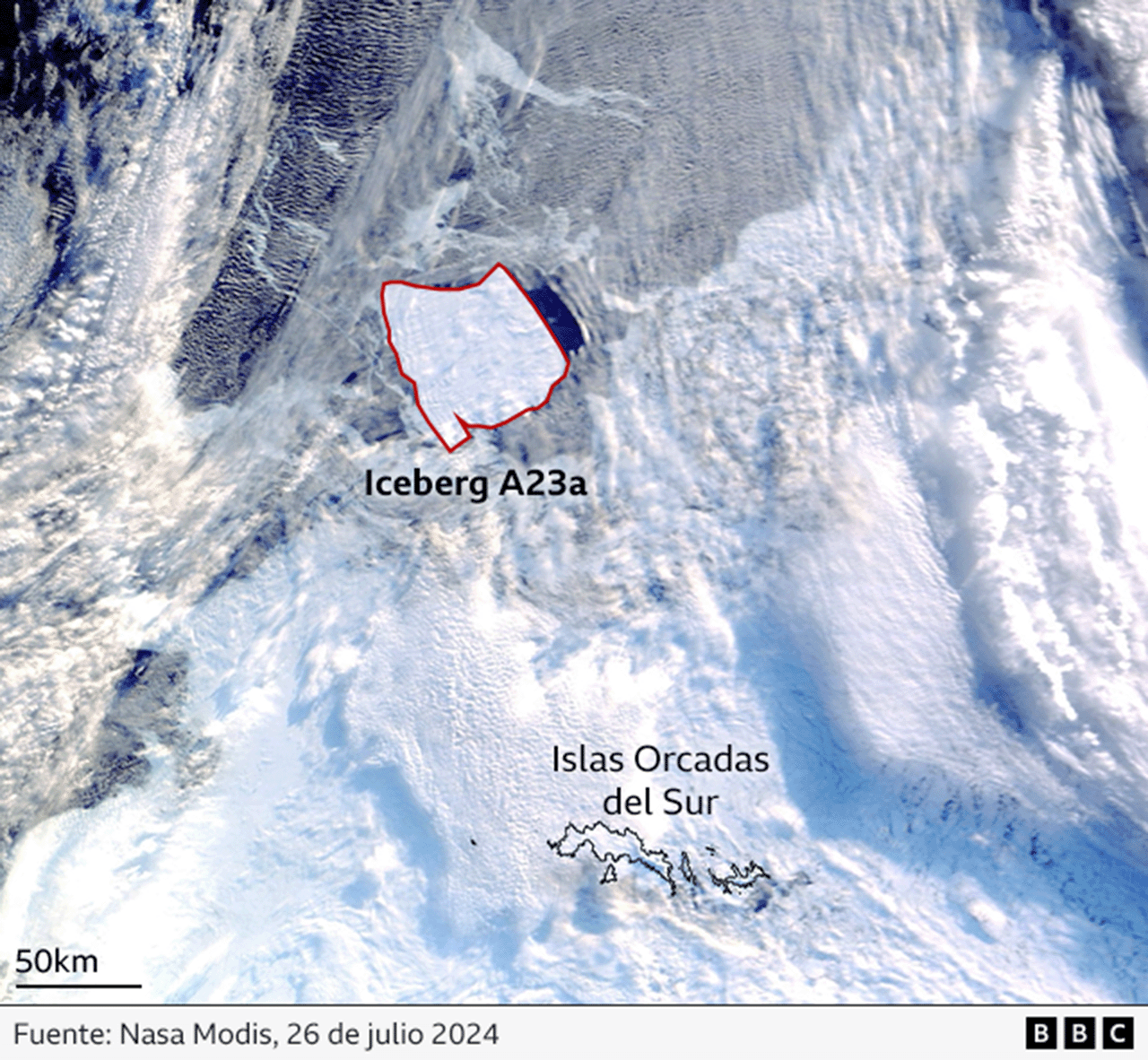 Imagen satelital de la A23a justo al norte de las Islas Orcadas del Sur