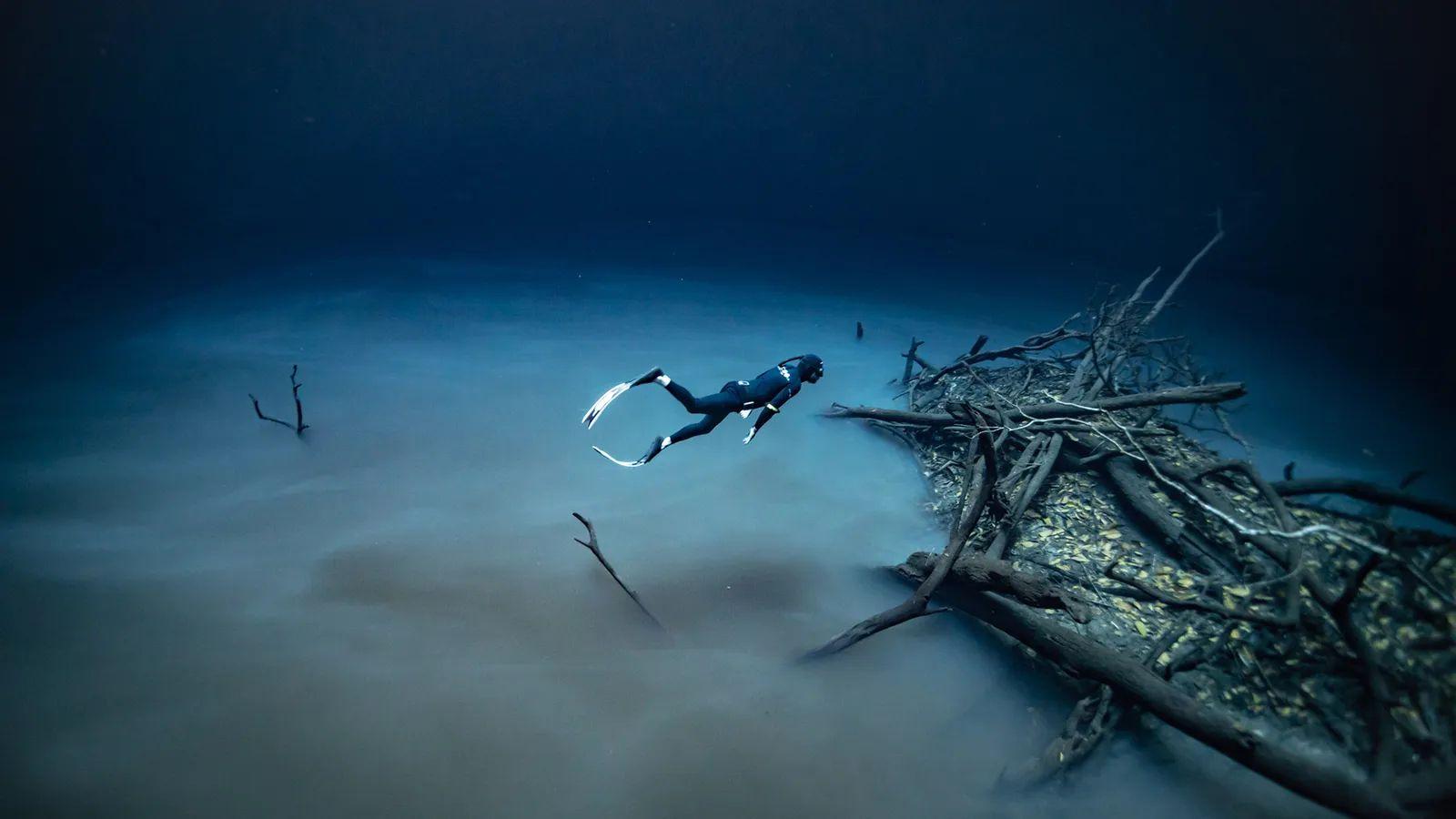 Buceador nadando sobre nube acuática. cenotes de méxico