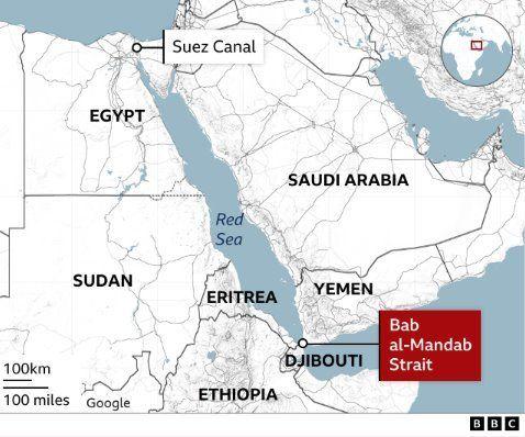 Map showing location of Yemen and Bab al-Mandab Strait