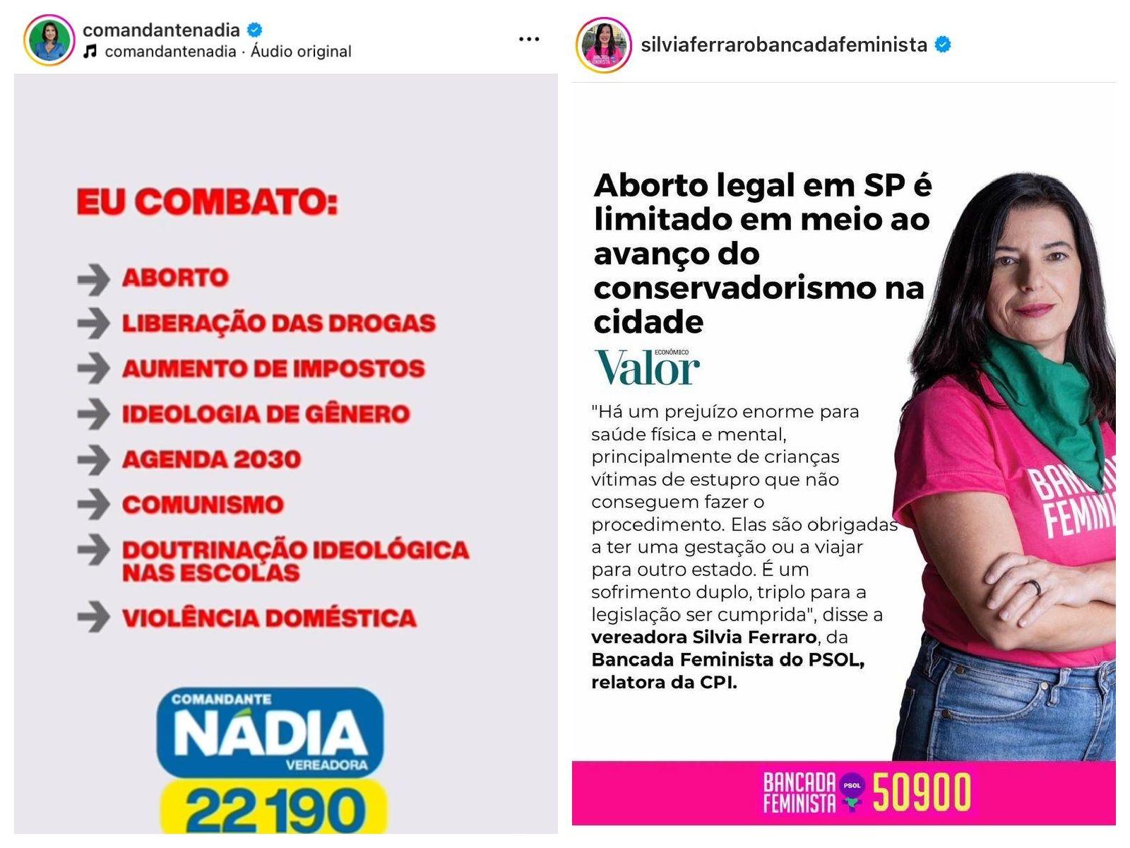 Reprodução de imagens de campanha de vereadoras a favor e contra acesso ao aborto