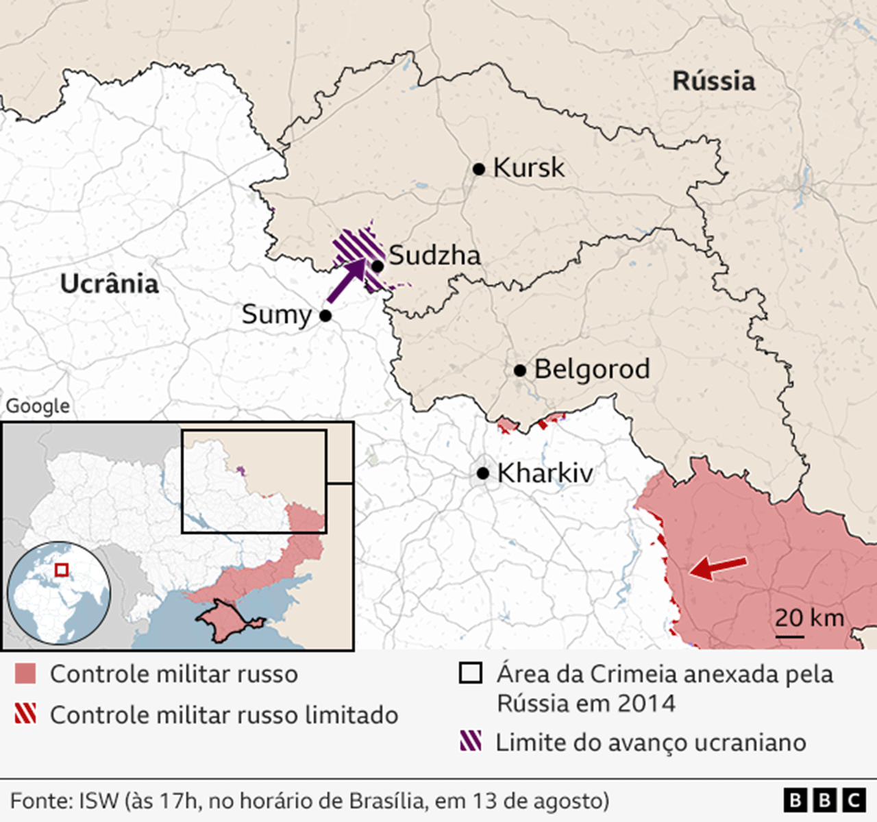 Mapa mostra regio fronteiria entre Ucrnia e Rssia, com identificao das reas da incurso ucraniana no territrio, na regio de Kursk