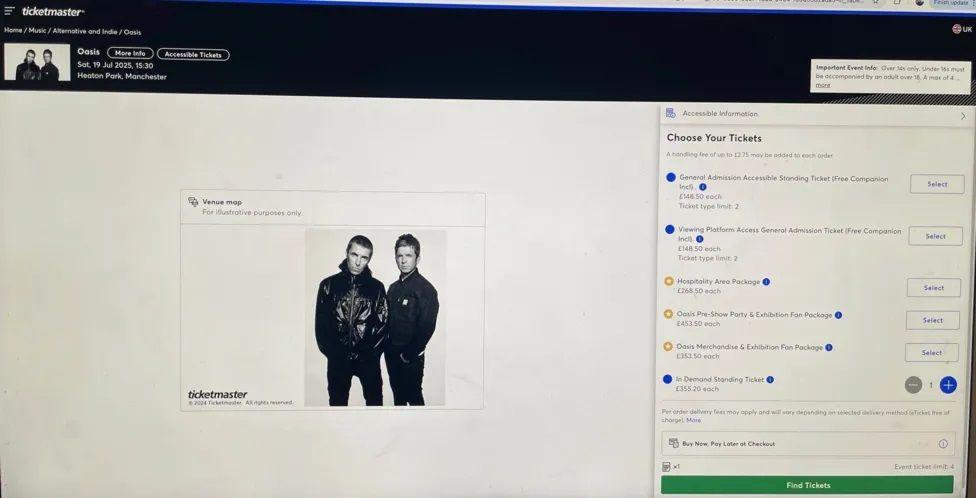 Uma captura de tela do site da Ticketmaster mostra informações de preços em demanda para o show do Oasis em Manchester.