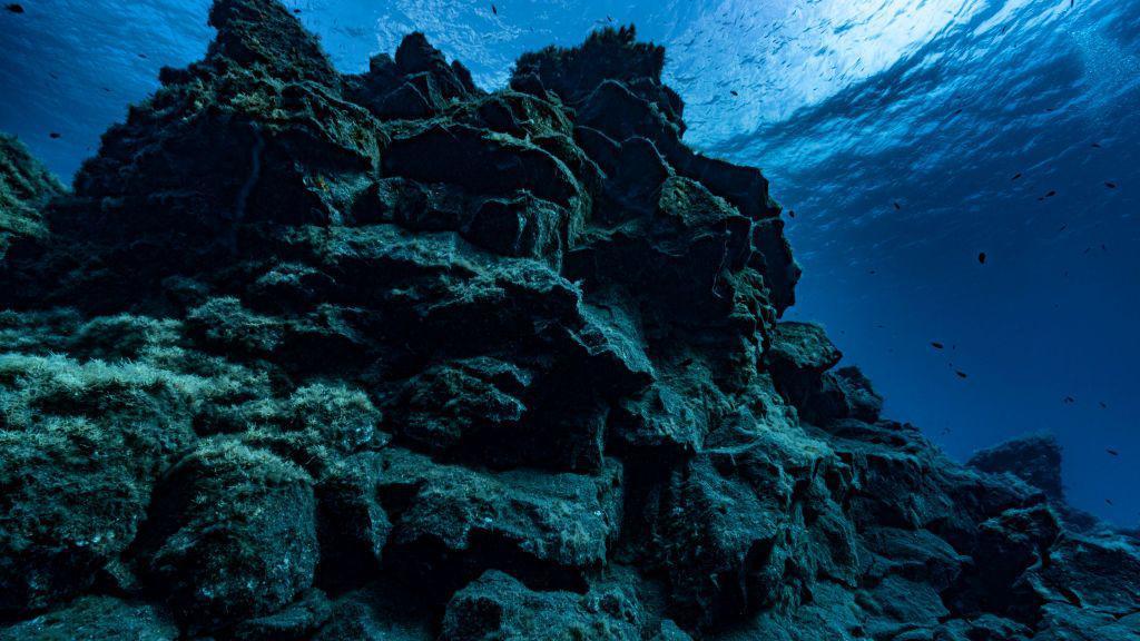 Una roca se alza debajo del mar