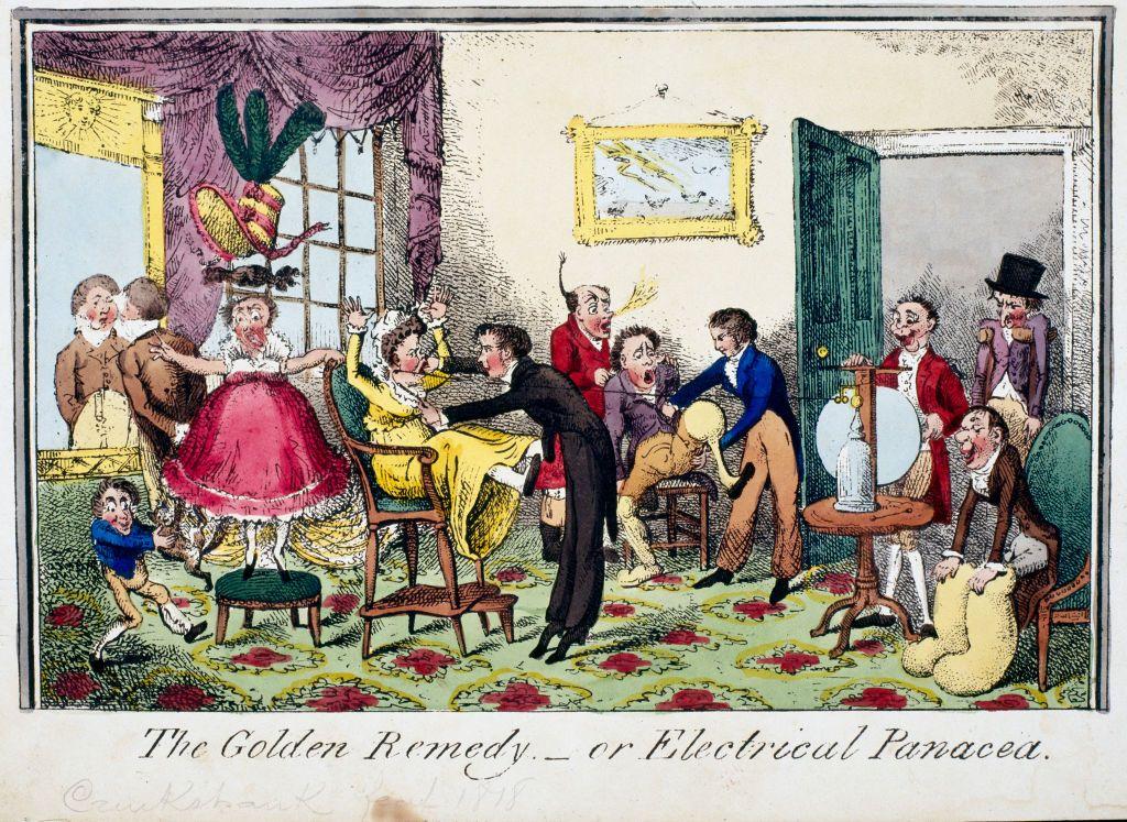Pintura satírica de 1818 donde se critica la sobre estimulación eléctrica como la panacea para la histeria. 