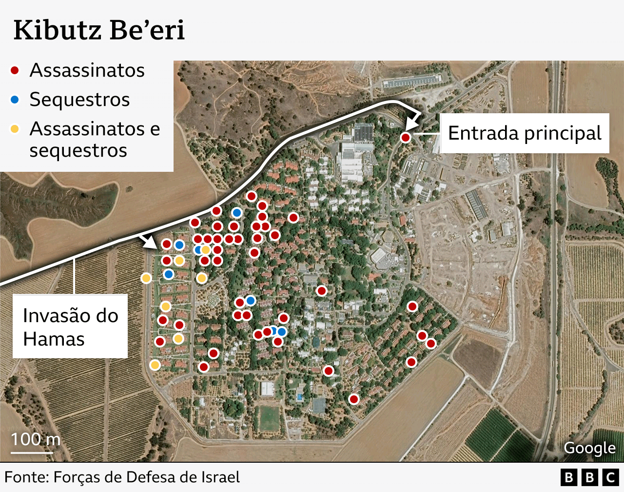 Um mapa do Kibutz Be'eri mostrando pontos de cores diferentes para identificar as casas onde ocorreram assassinatos, sequestros ou ambos. A maioria dos pontos marcados mostra assassinatos.